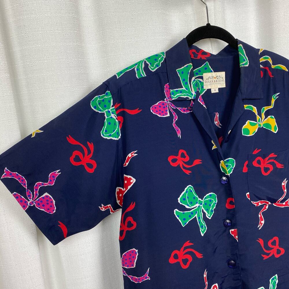Susan Bristol Vintage Two Piece Blue&Multi Bow Print Blouse&Skirt Sz.8 - Picture 11 of 14